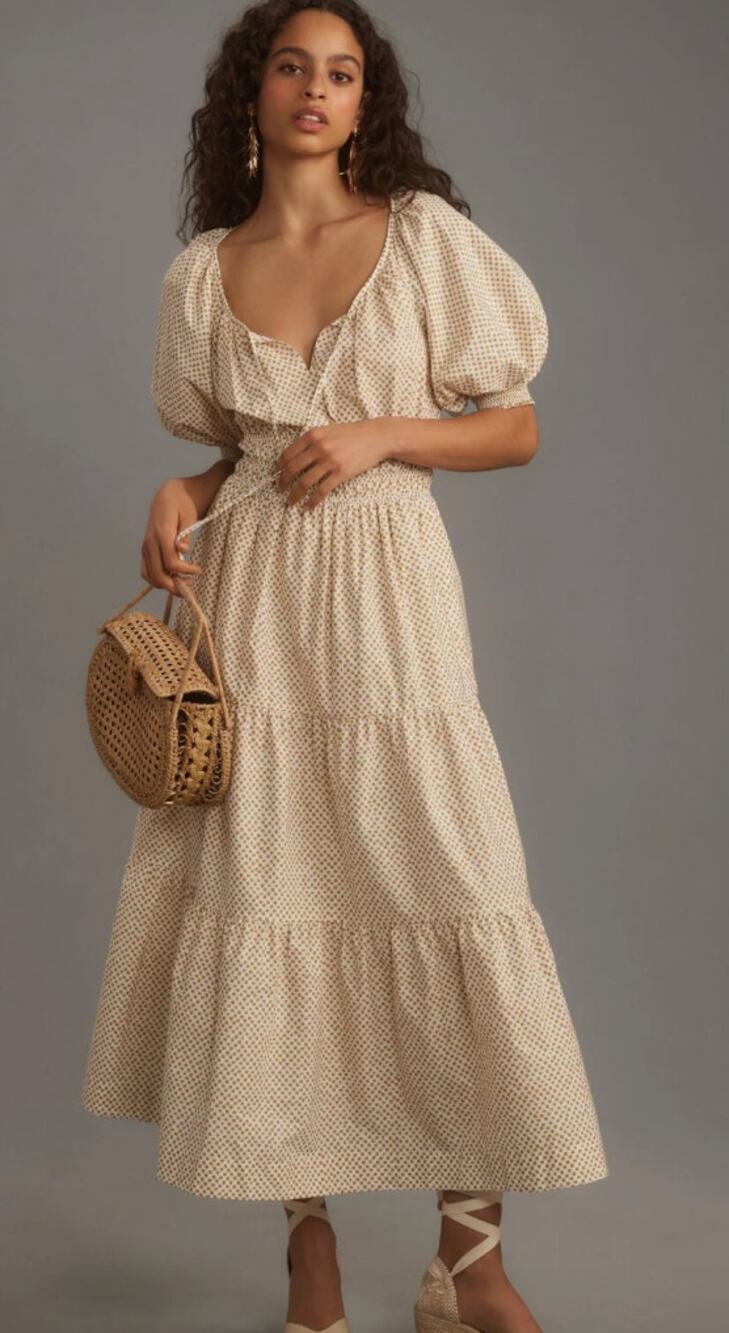 Anthropologie The Somerset Maxi Dress Puff-Sleeve Tiered Dot Medium